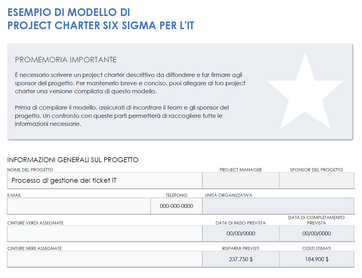 Esempio di project charter IT Six Sigma