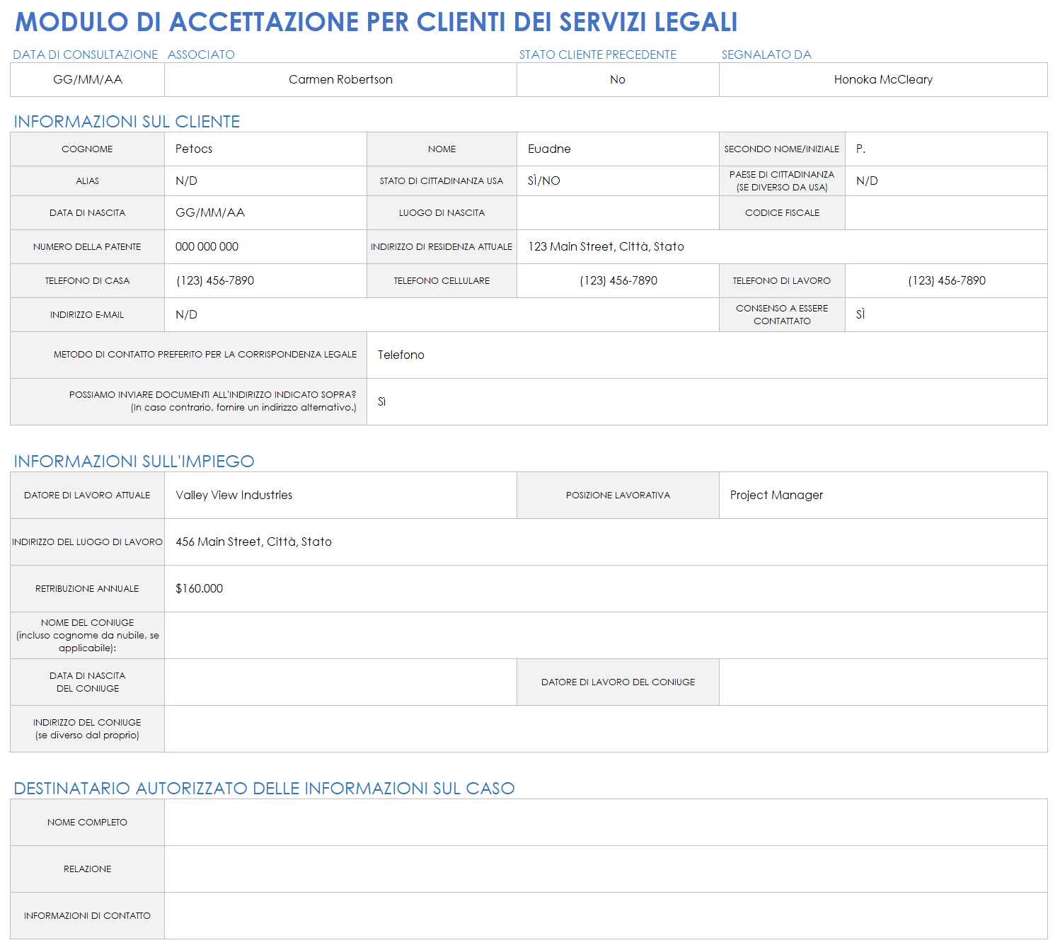 Modulo per l'assunzione di clienti legali