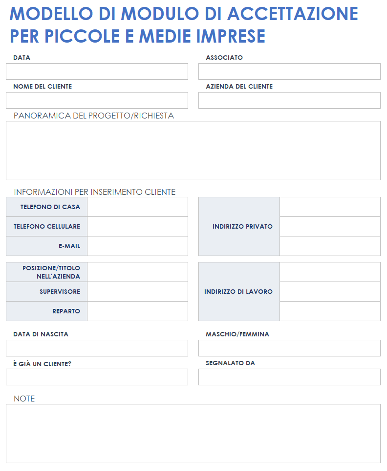 Modulo per l'assunzione di clienti di piccole imprese