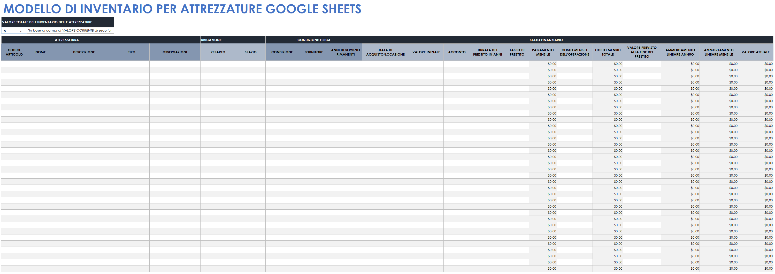  Modello di inventario delle attrezzature di Fogli Google