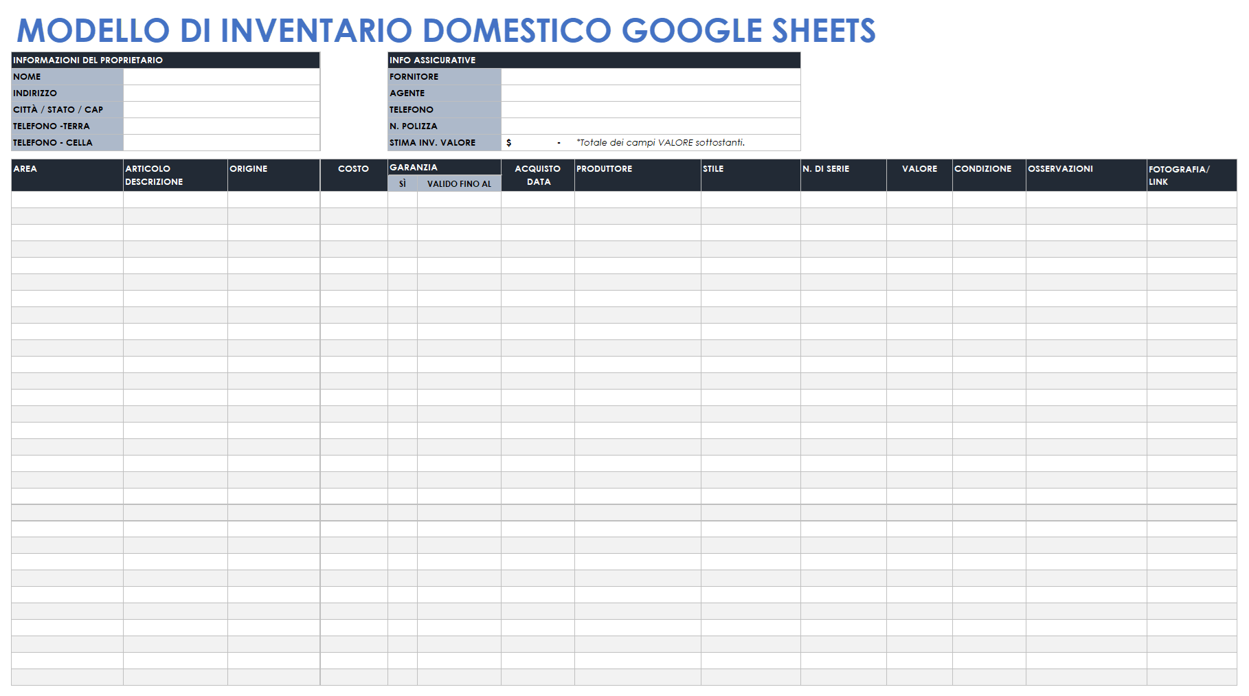  Modello di inventario domestico di Fogli Google