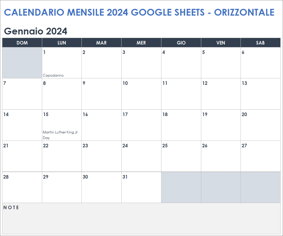  Modello di calendario mensile di Fogli Google 2024