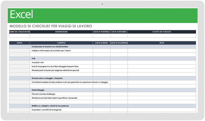 Modello di lista di controllo per viaggi di lavoro