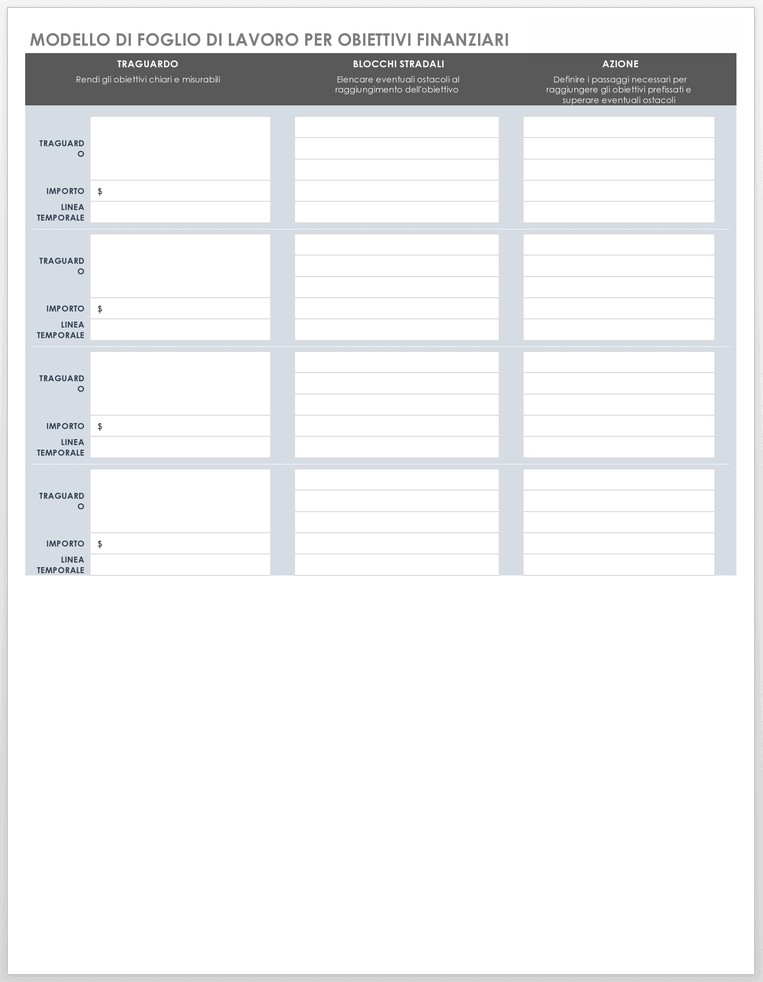 Modello di foglio di lavoro per obiettivi finanziari