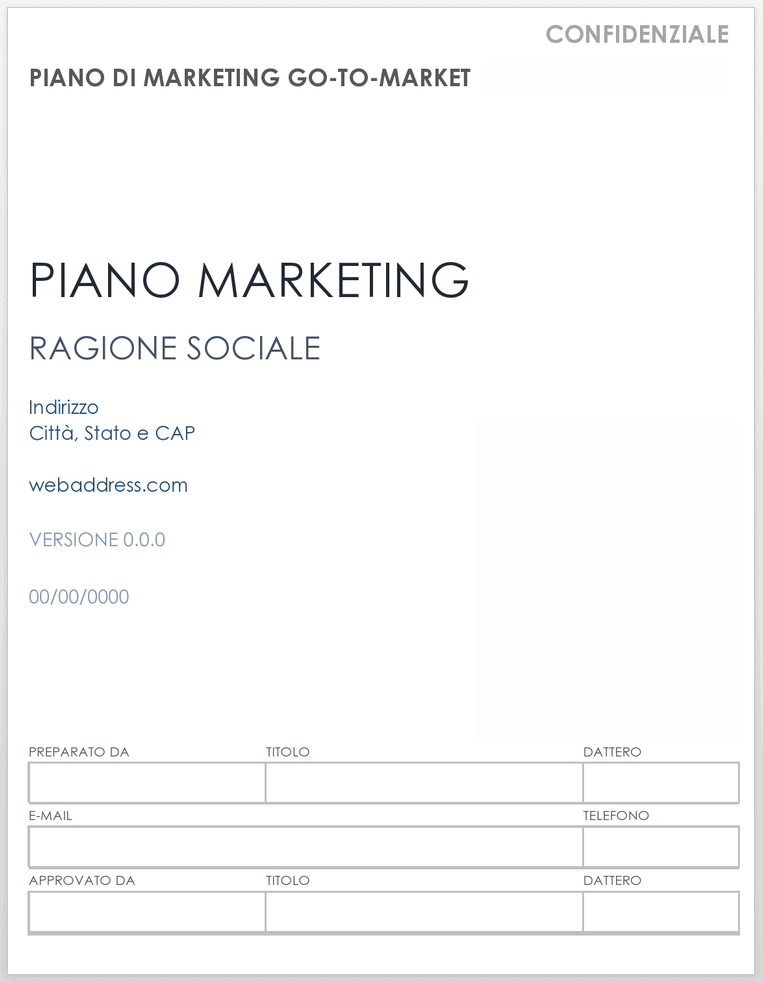 Modello di piano di marketing per andare al mercato