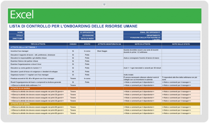 Modello di elenco di controllo per l'onboarding delle risorse umane