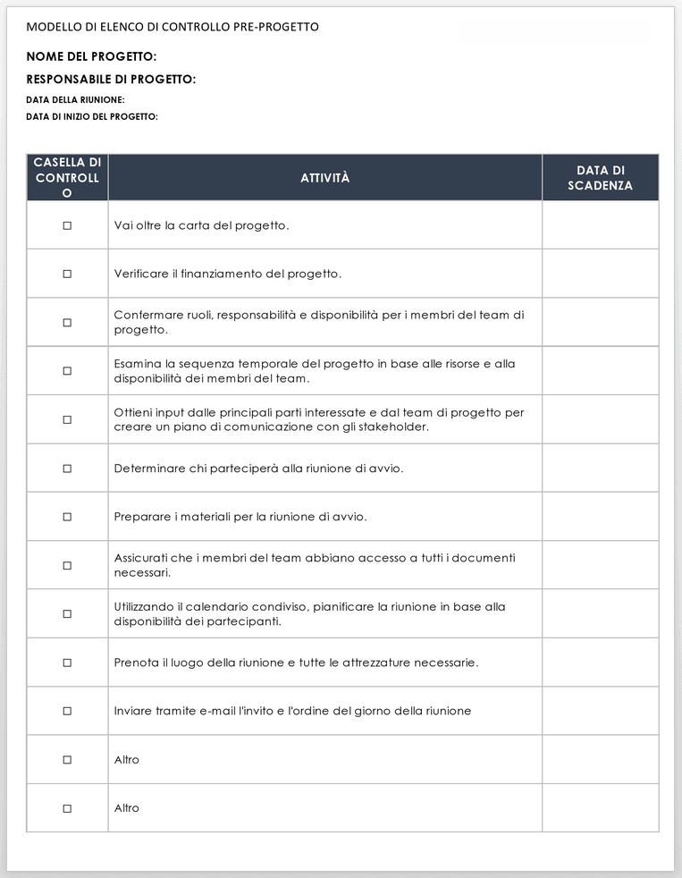 Modello di elenco di controllo preliminare al lancio del progetto