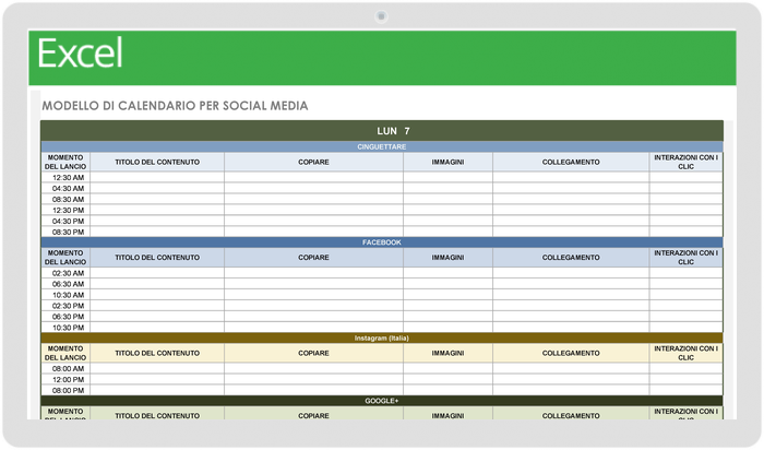  Modello di calendario per social media