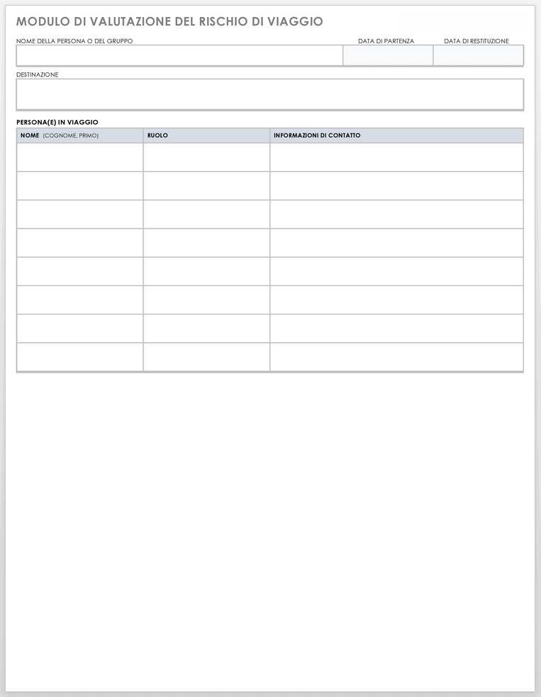 Modello di modulo di valutazione del rischio di viaggio